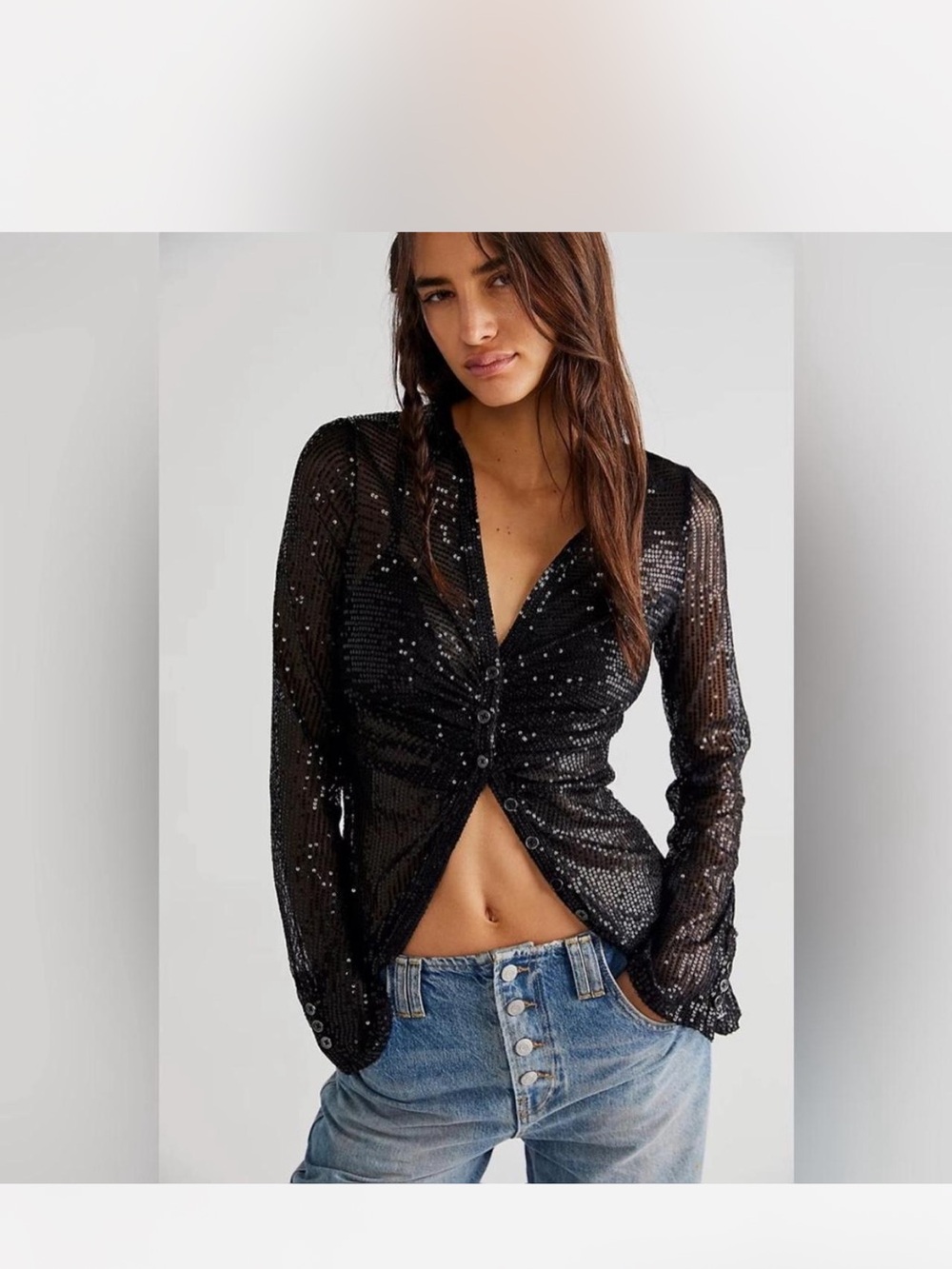 Free People Black Sequin Button-Front Long Sleeve Shirt
